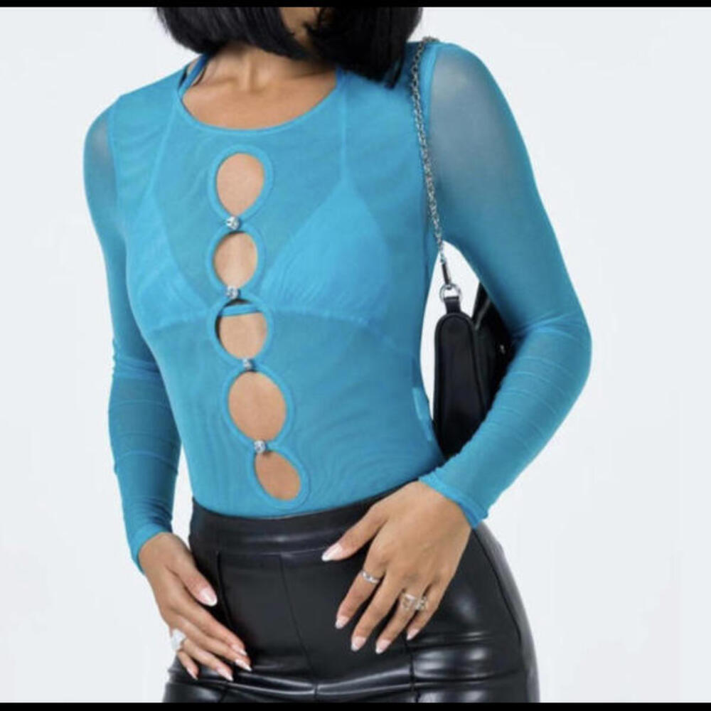 PRINCESS POLLY blue long sleeve cut out bodysuit